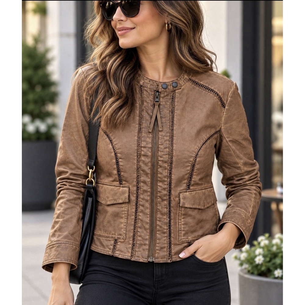 Anthropologie Hei Hei Faux Leather Moto Jacket Women's Small Brown Distressed